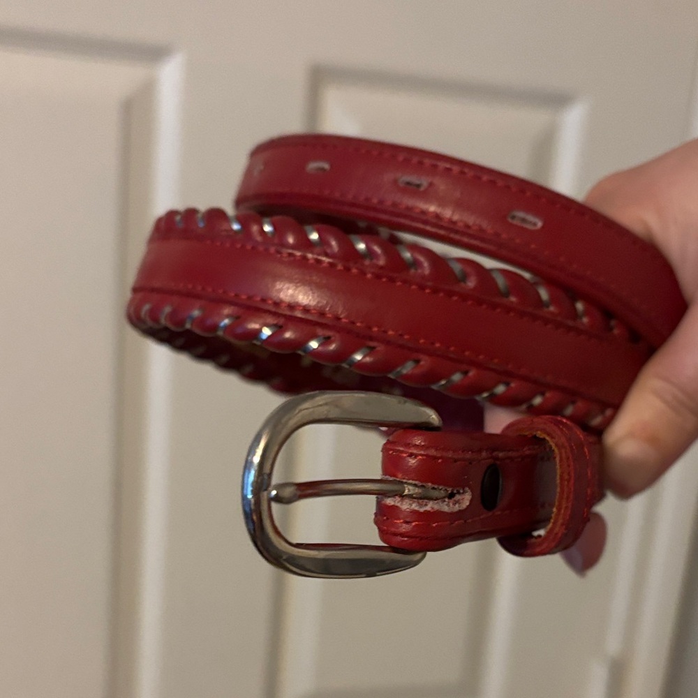 VTG Made in USA Red Leather Cowhide Belt with Silver stiching and Buckle size 30